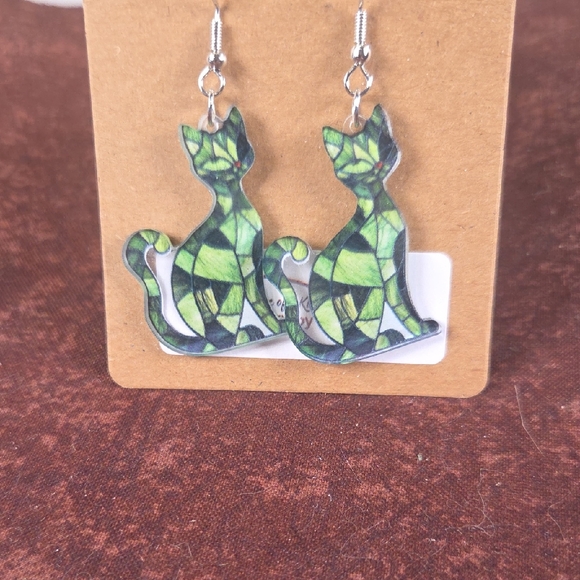 Green Cat Earrings - Picture 1 of 1